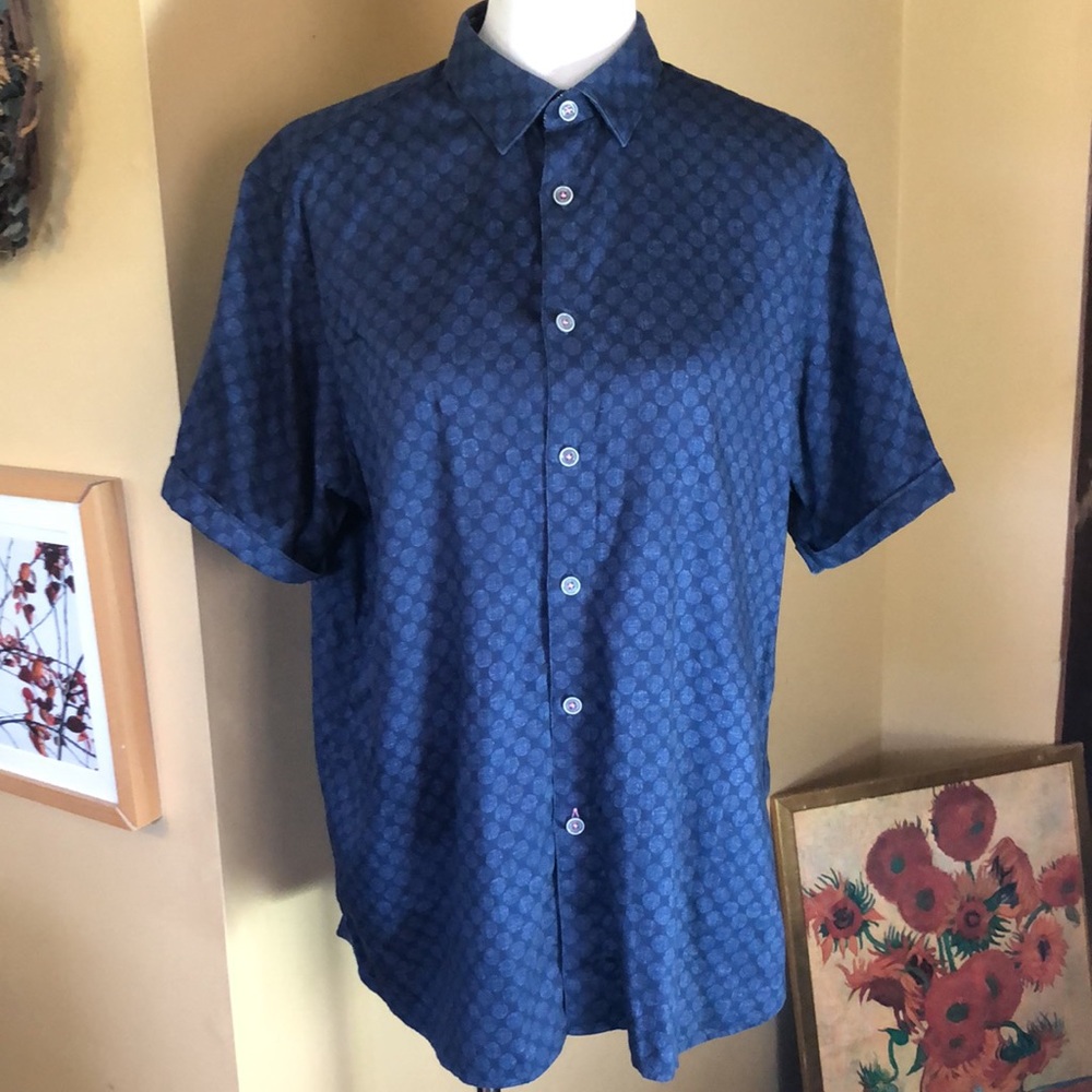 TED BAKER Size 5 XL Button Front Blue Medallion Print Shirt 100% COTTON LuxeSoft